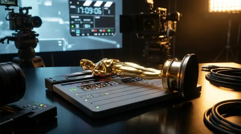 Golden award statuette resting on a modern digital film clapperboard.