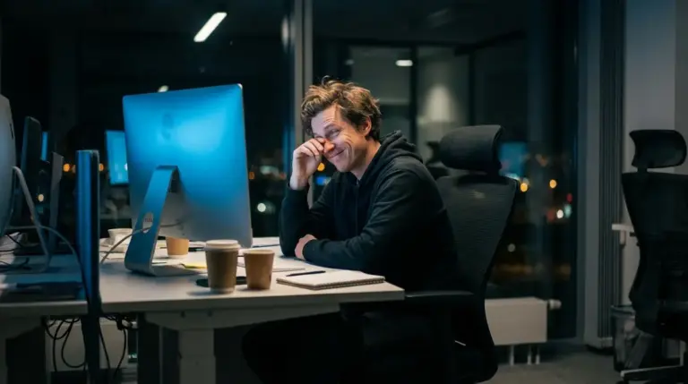 Person working at computer in low light office environment.