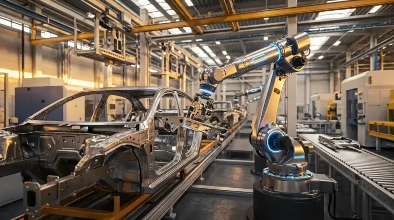 Advanced industrial robotic arm working on a futuristic automotive production line.
