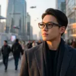 Close up of a person wearing stylish smart glasses in a city setting.