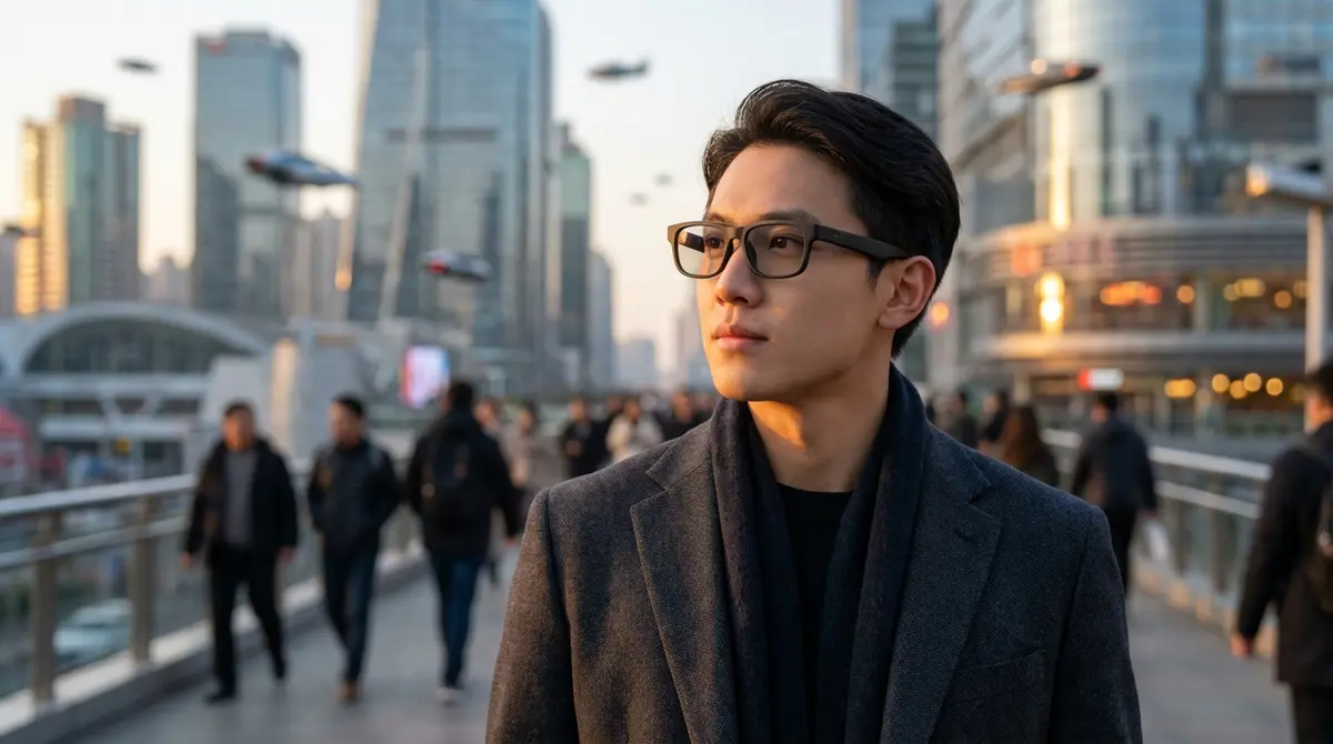 Close up of a person wearing stylish smart glasses in a city setting.