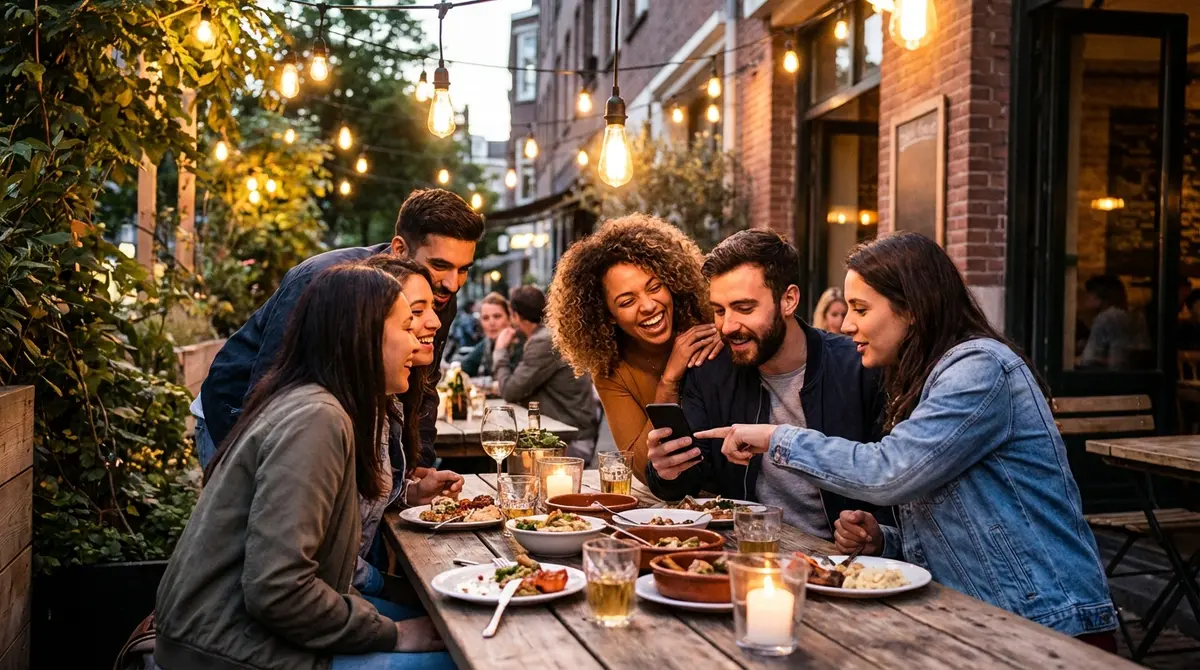 A group of young adults laughing together at a cafe table.