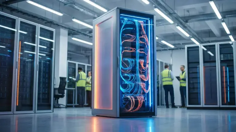 Glowing fiber optic cables connected to a modern data center server rack.