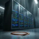 Glowing server racks in a dark data center with a disconnected fiber cable.