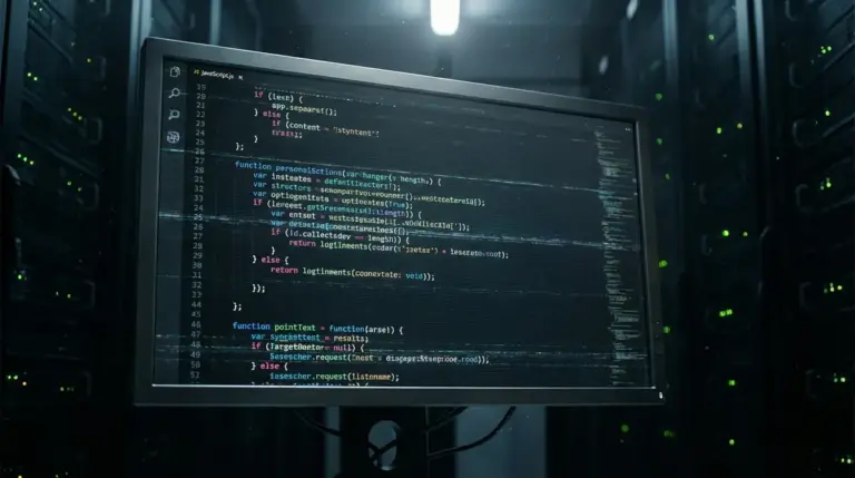 Computer screen displaying glitching JavaScript code