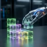 Robotic hand interacting with glowing digital blocks representing AI automation tasks