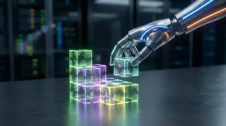 Robotic hand interacting with glowing digital blocks representing AI automation tasks
